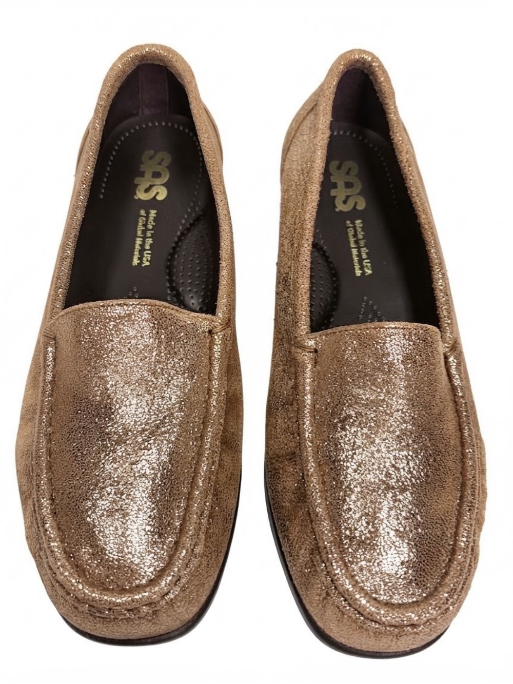 SAS Metallic Gold Leather Slip-On Comfort Loafers Flats Size 8.5